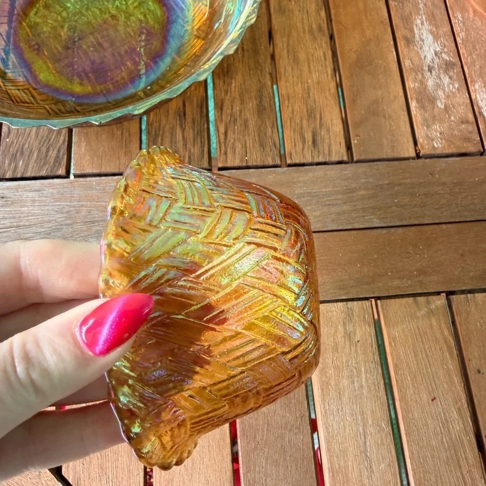 New Vintage Indiana Glass Co. Iridescent Gold Tone Glass 3-Piece Chip & Dip Set